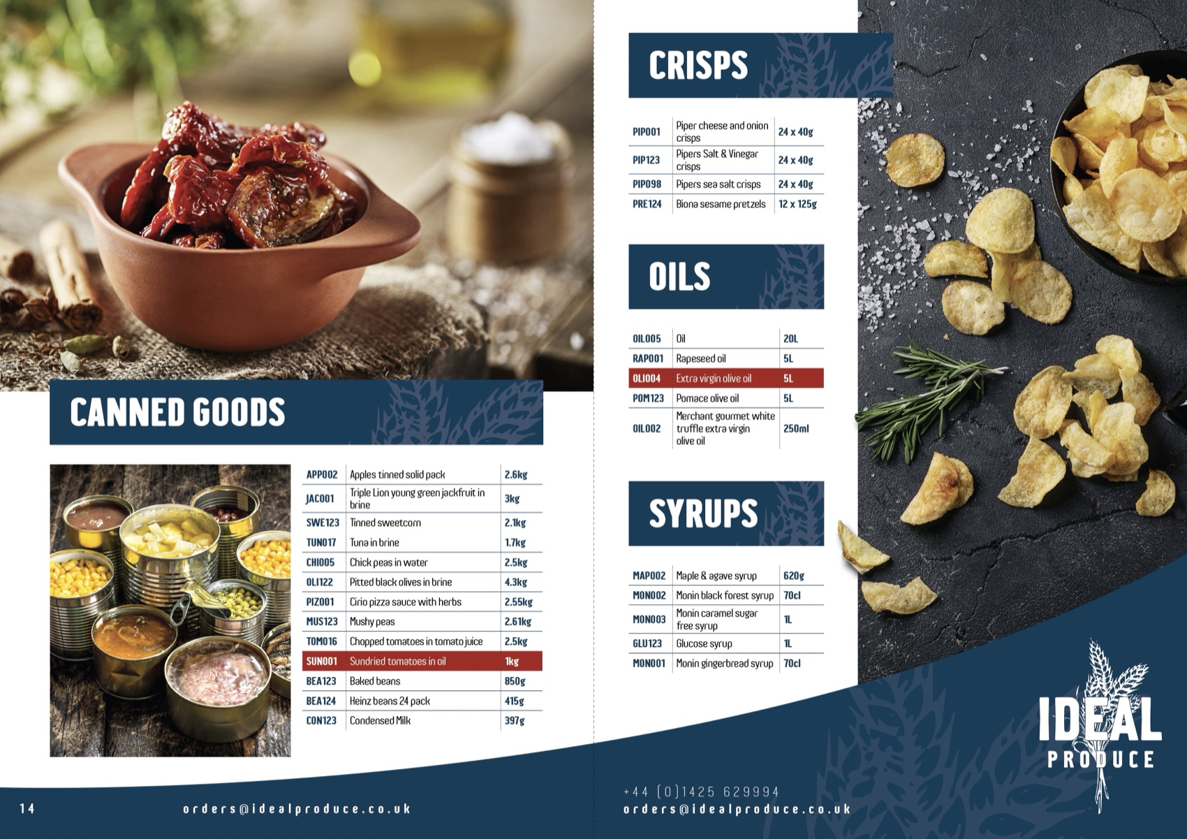 Ideal Produce catalogue spread: canned goods, crisps, oils and syrups in a clean navy layout