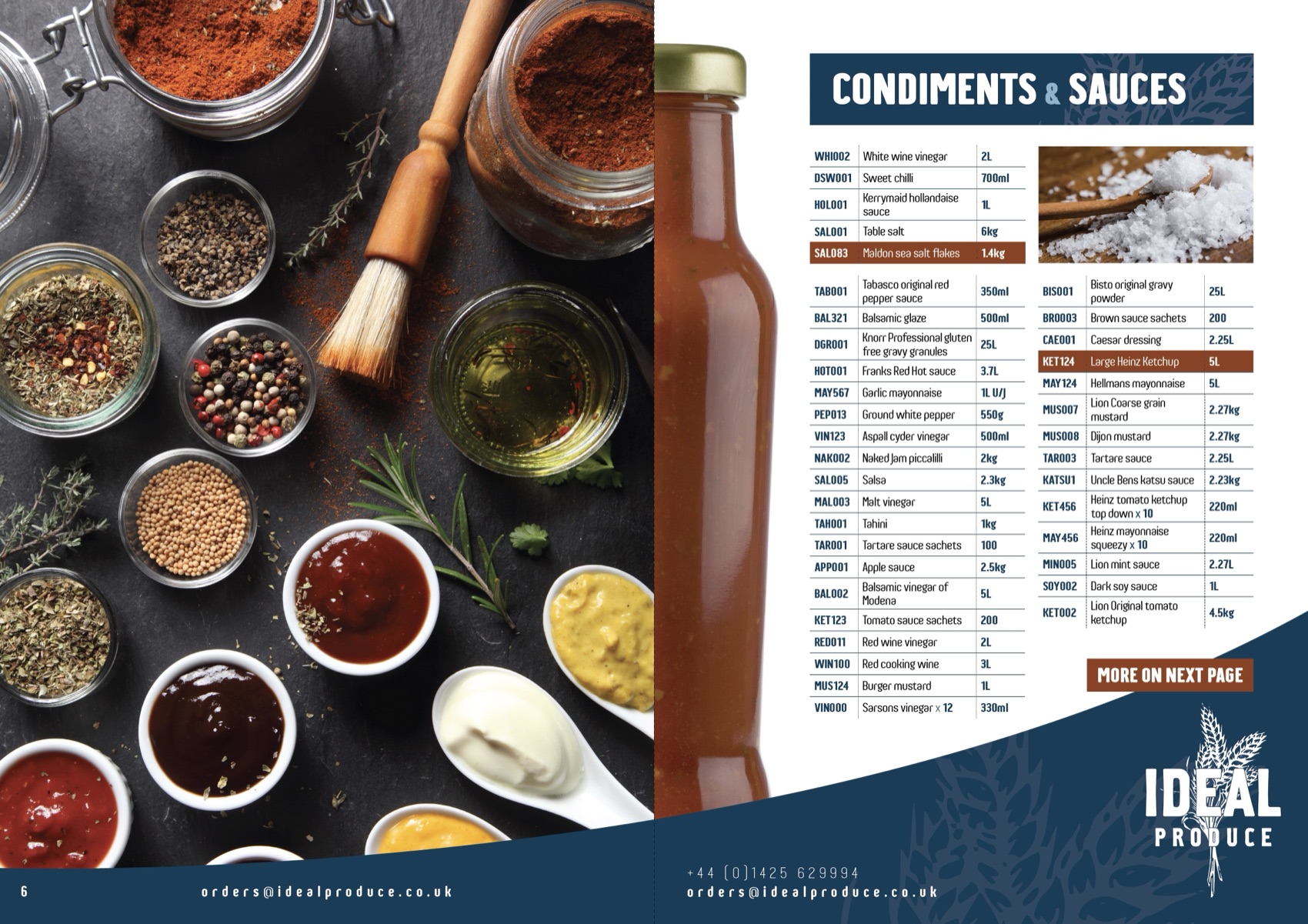 Ideal Produce catalogue spread: condiments and sauces listings with product photography