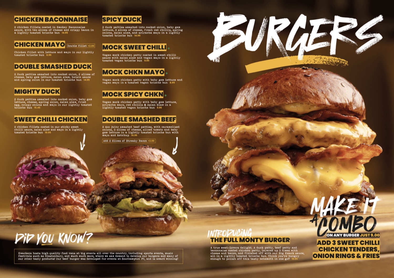 Kwackers menu spread: burgers and combos