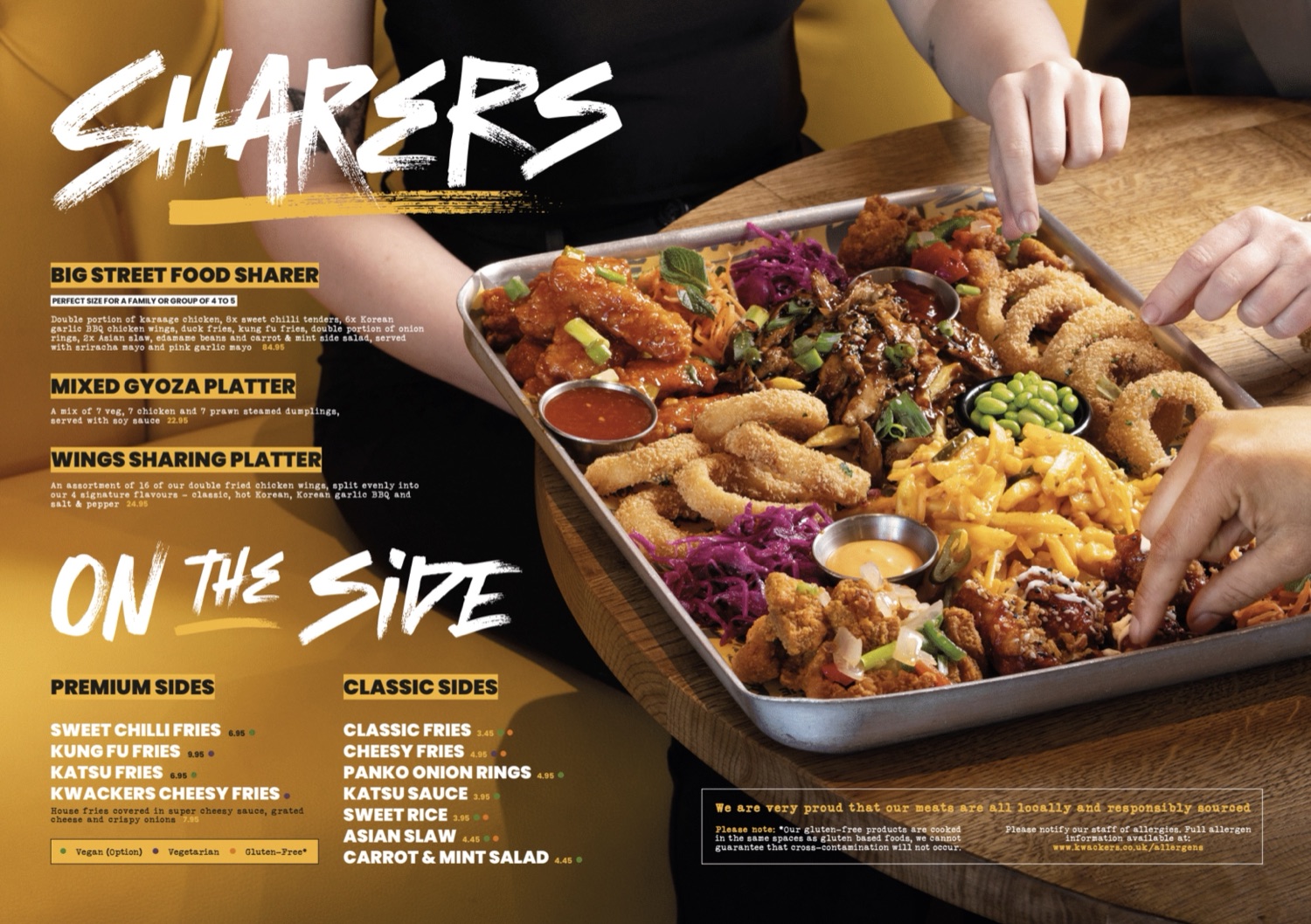 Kwackers menu spread: sharing platters and sides