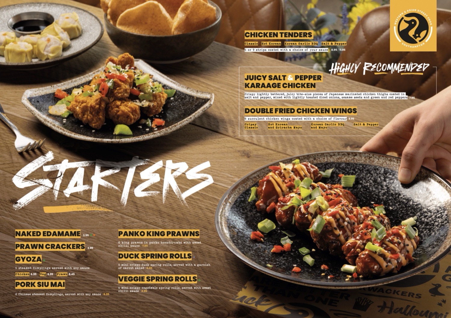 Kwackers menu spread: starters, with food photography shot to leave room for the text