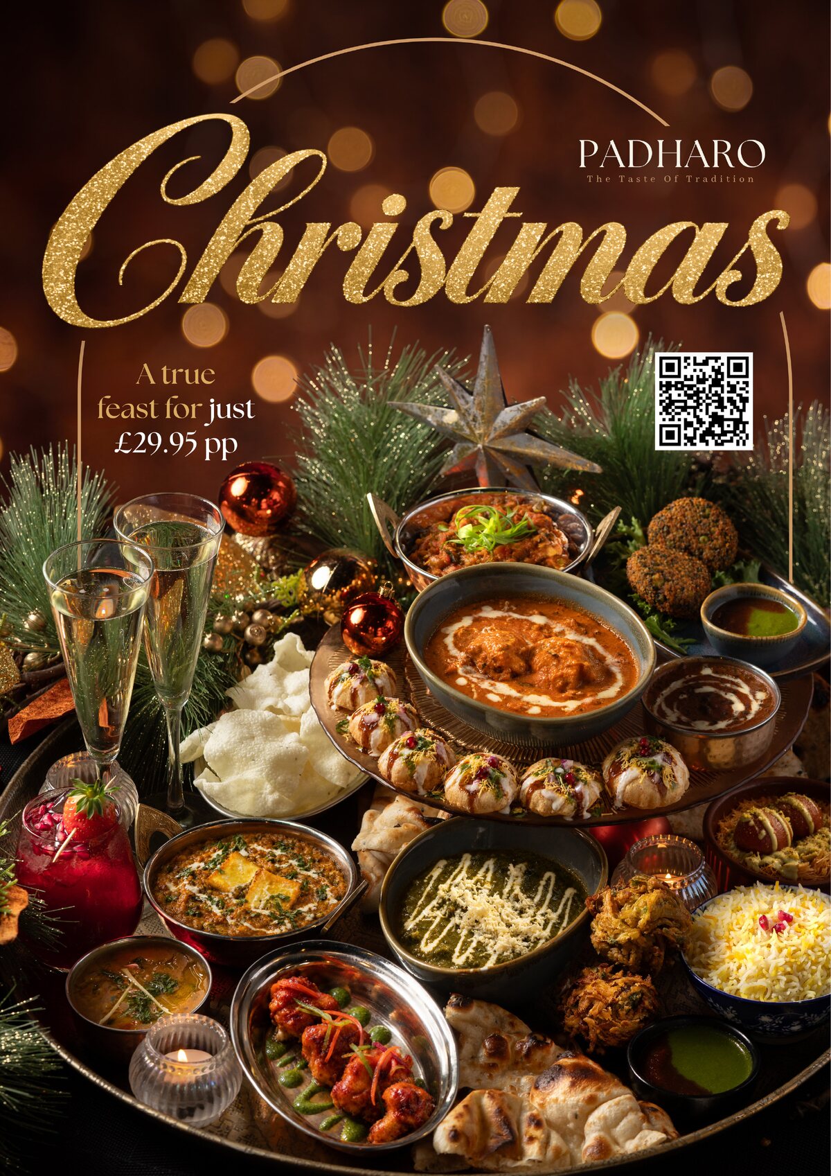 Padharo Christmas set menu cover: gold Christmas script over a festive table of curries and candles