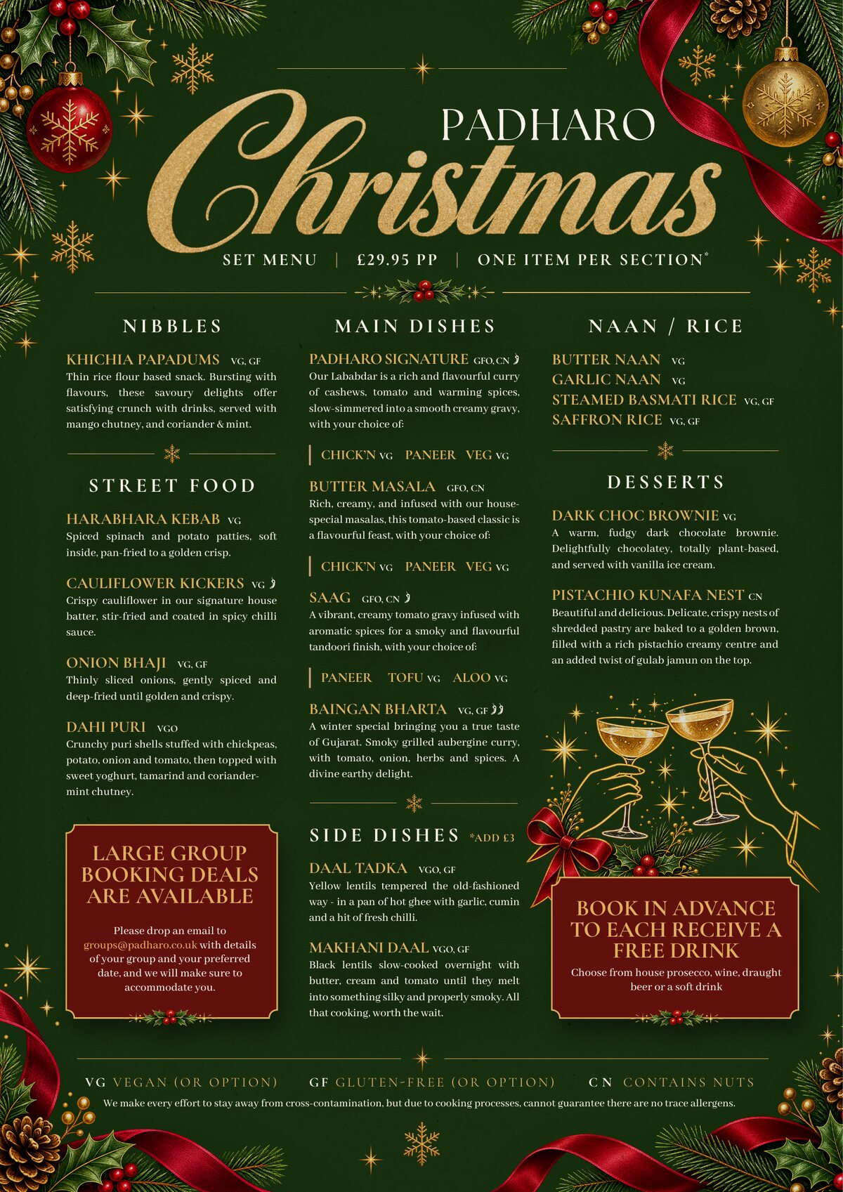 Padharo Christmas set menu in deep green with gold script and the full set menu listing