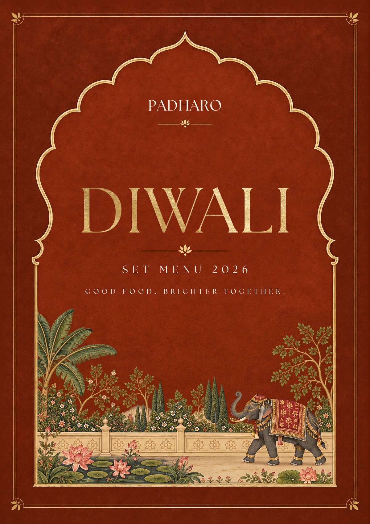 Padharo Diwali set menu 2026 cover: rust and gold, an arched frame and a painted elephant under the palms
