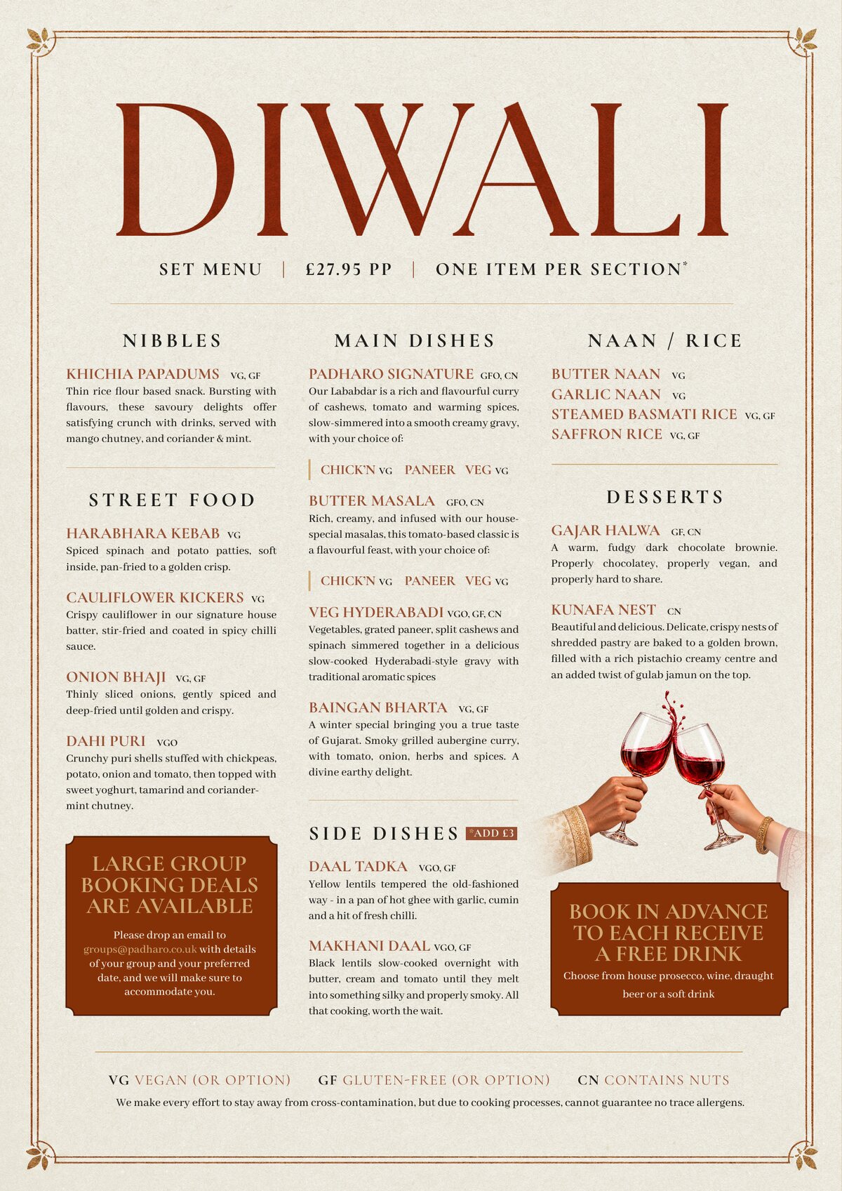 Padharo Diwali set menu 2026: nibbles, street food, mains, naan and rice, desserts and side dishes on cream