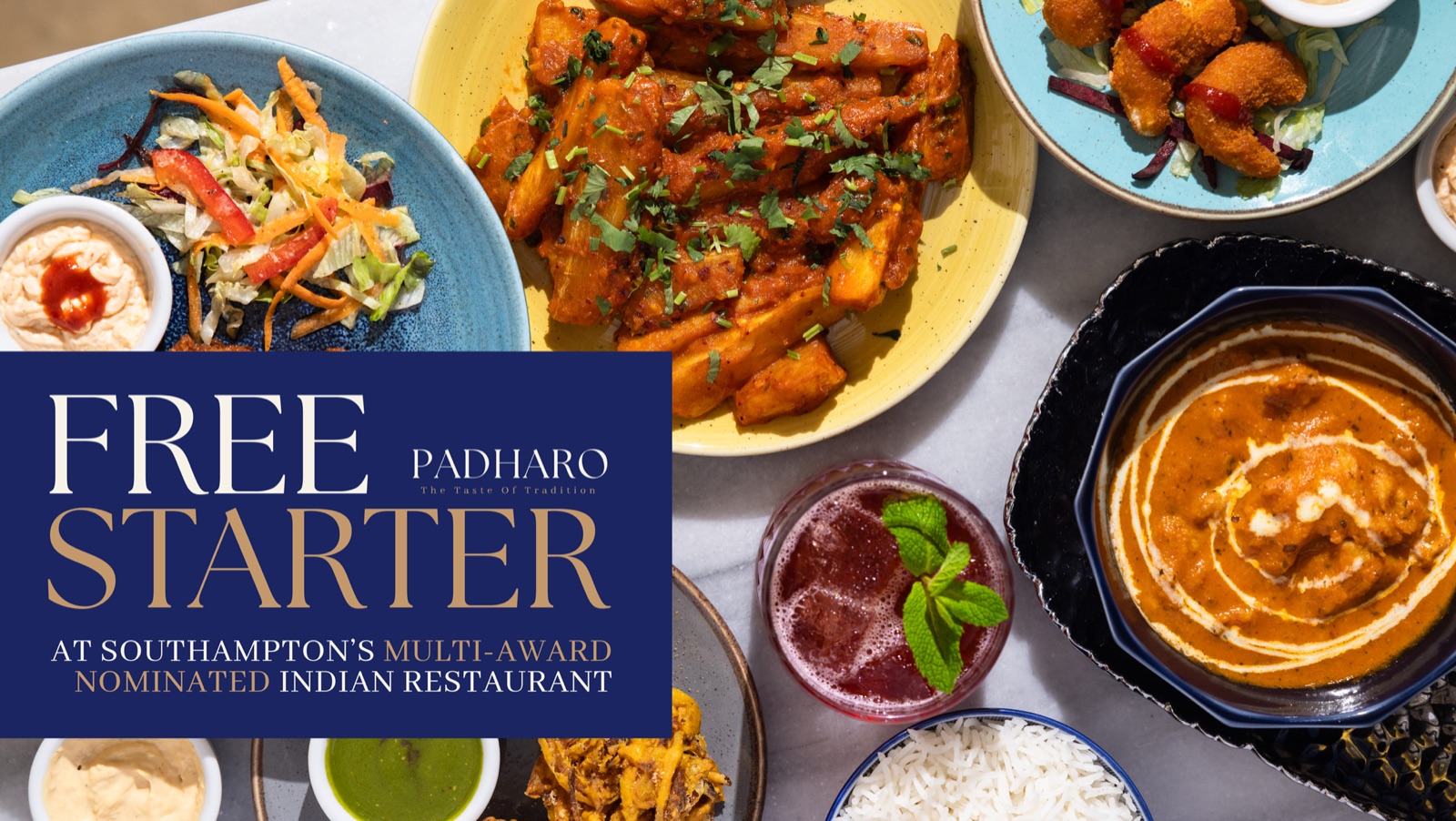 Padharo free-starter promotion with food photography