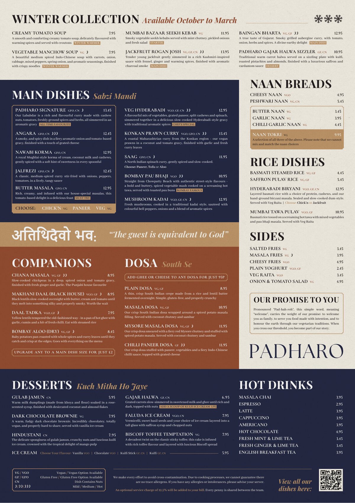 Padharo winter menu 2026, reverse: the winter collection, mains, naan, rice, dosa, sides, desserts and hot drinks
