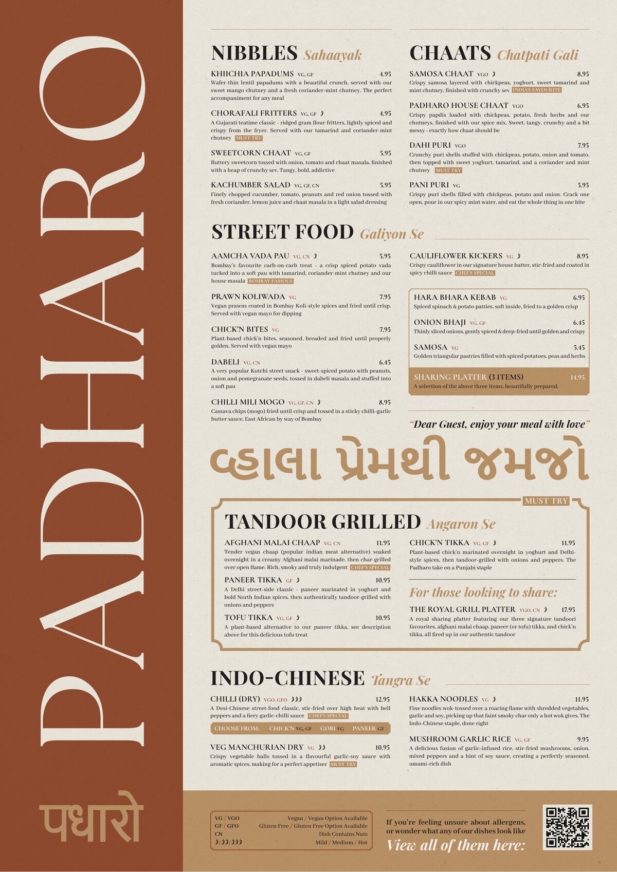 Padharo winter menu 2026, front: nibbles, chaats, street food, tandoor grilled and Indo-Chinese, with the name running down the side
