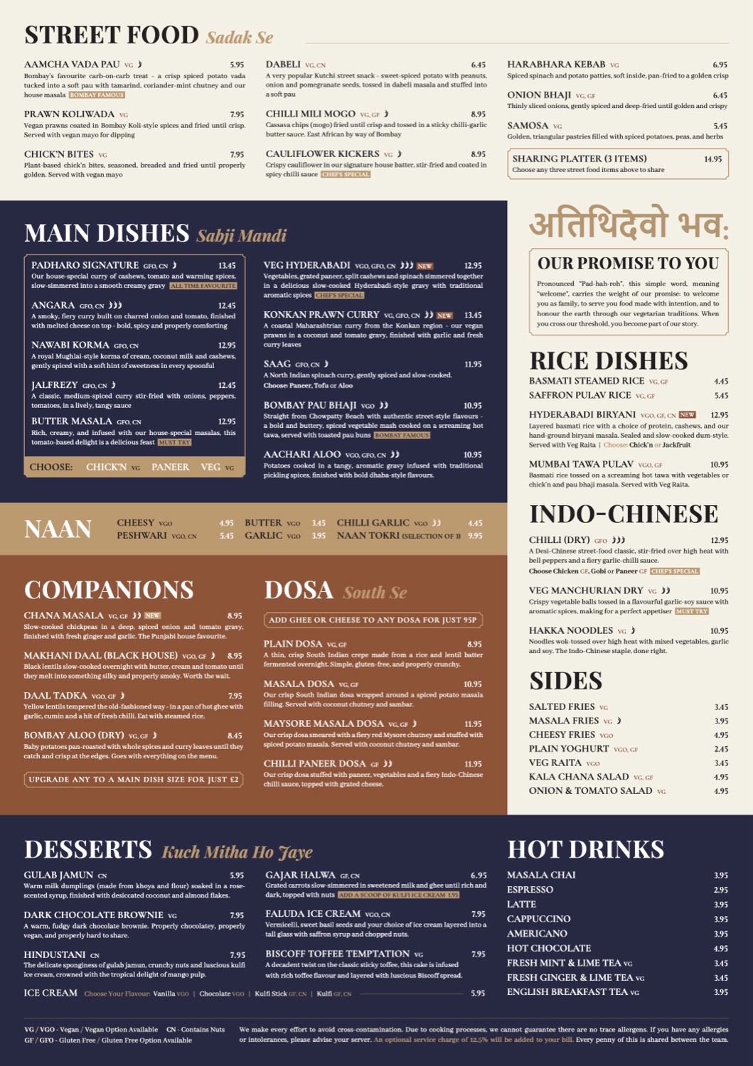 Padharo menu, reverse: street food, mains, rice, naan and desserts with allergen marks