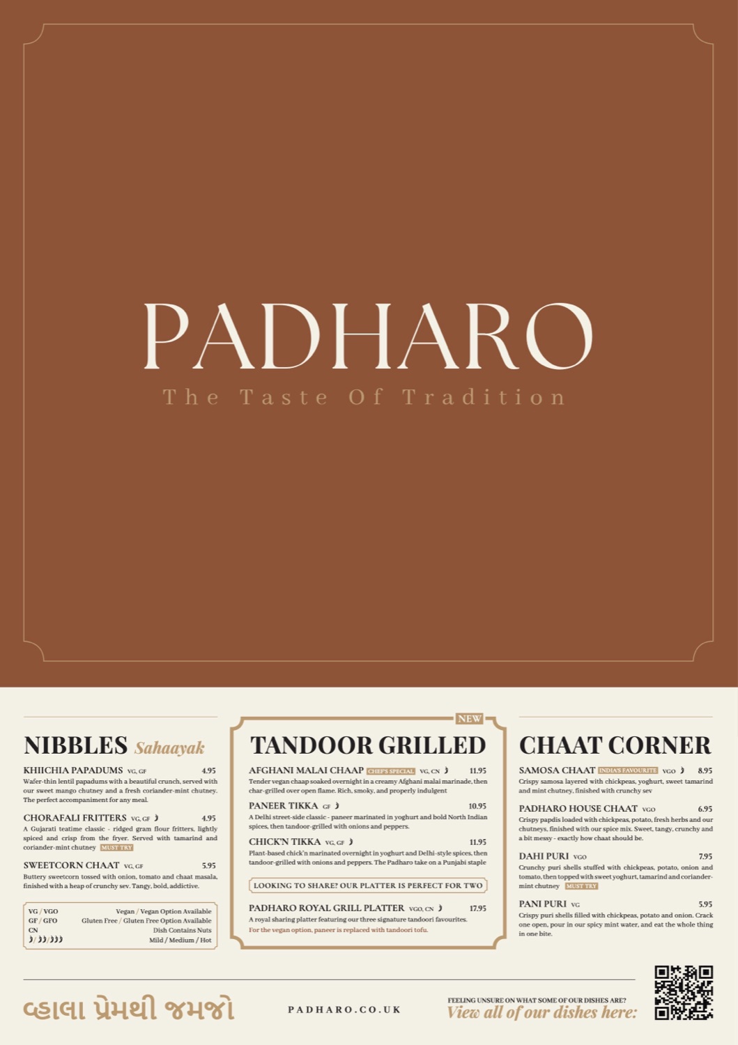 Padharo menu, front: nibbles, tandoor grilled and chaat in a classy cream and terracotta layout