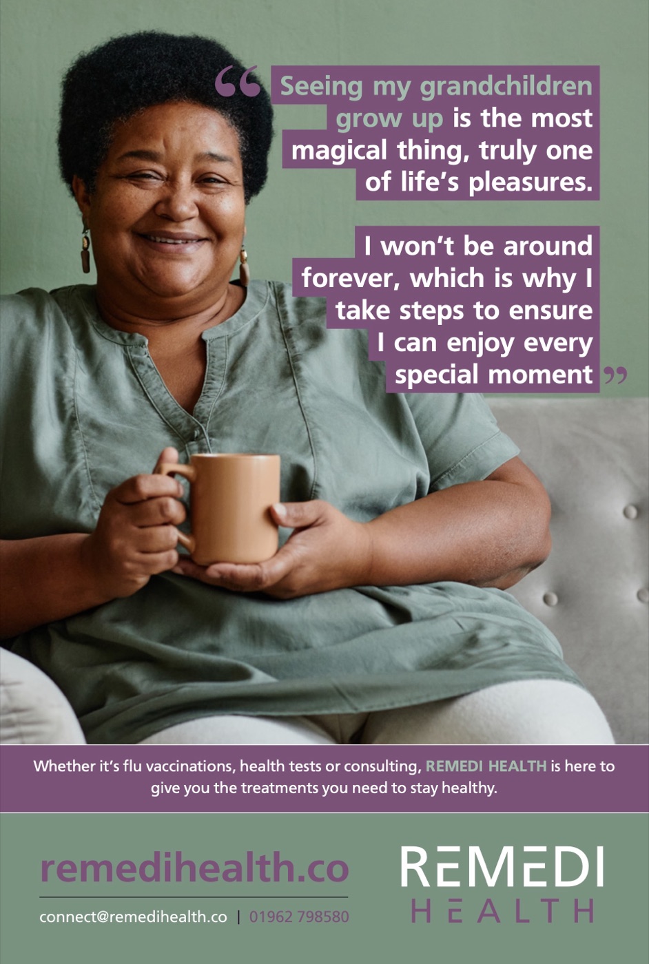 Remedi Health poster: a smiling woman with a warm message about staying healthy for family