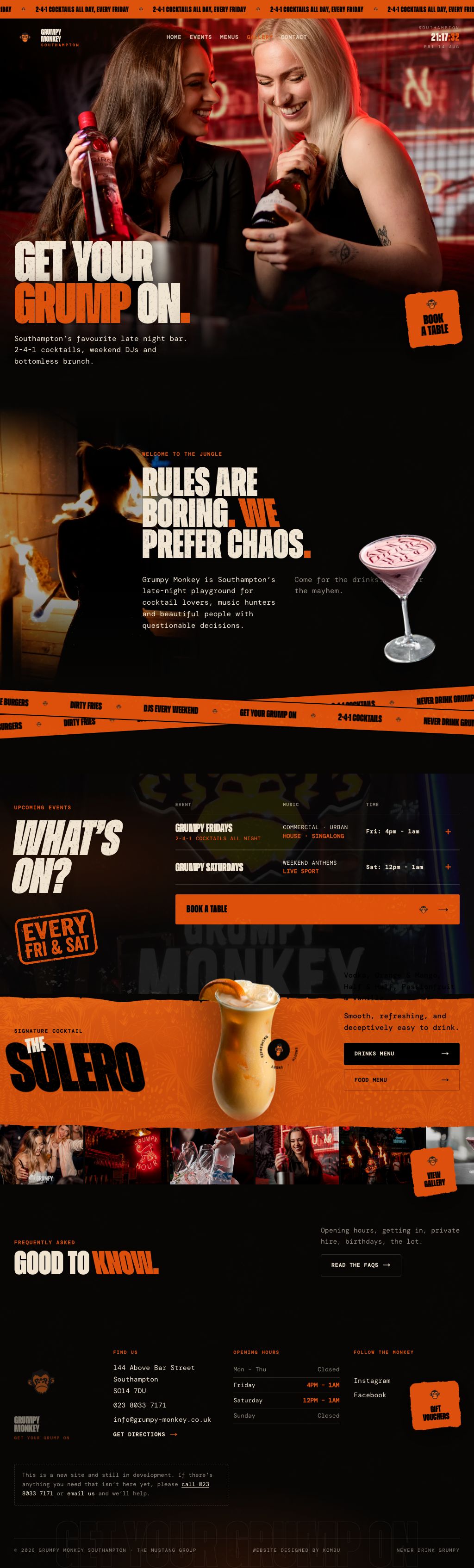 Grumpy Monkey late night cocktail bar website in Southampton, dark and neon lit