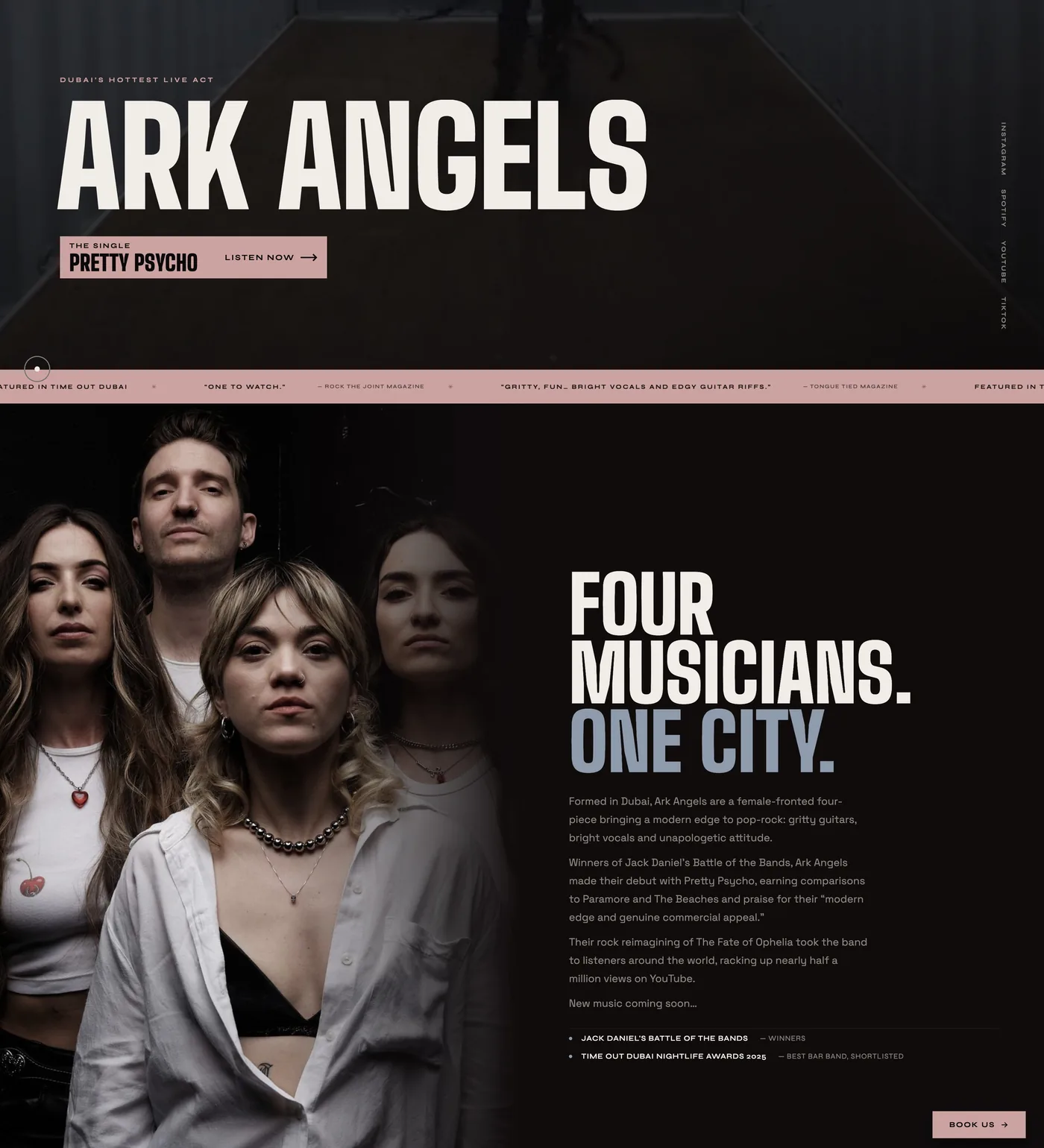 Ark Angels community music platform website with event listings and bold layout
