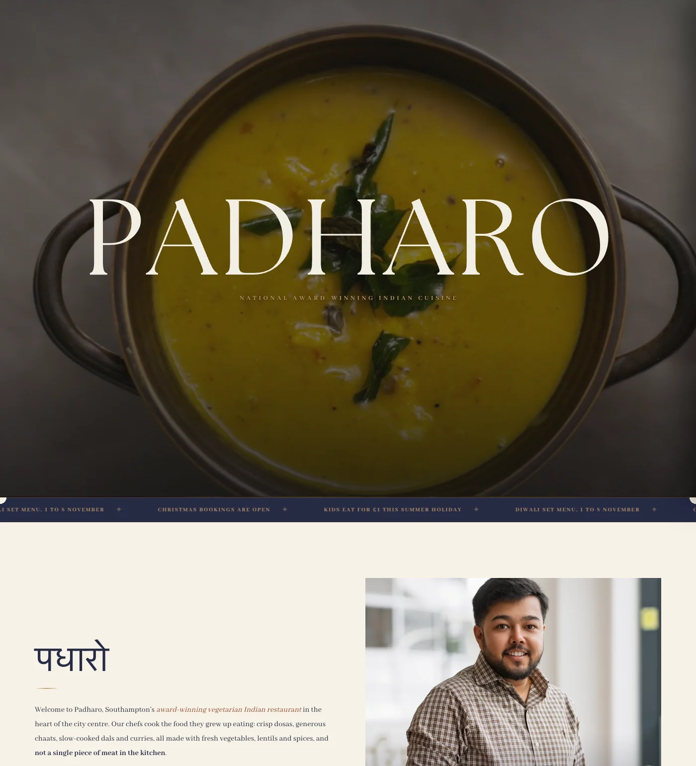 The Padharo restaurant website, designed by Kombu