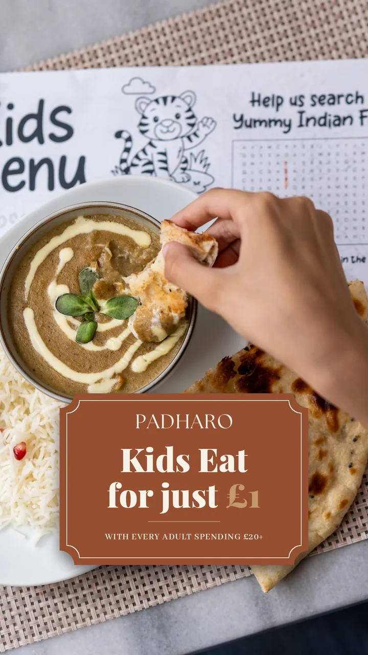 Kids menu story: a small hand tearing naan over a curry on the colouring menu, with the kids eat for one pound card