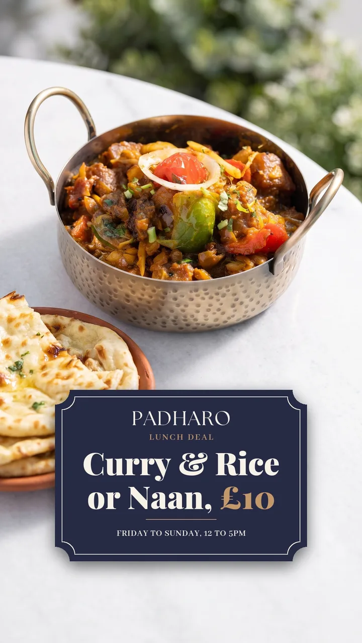 Lunch deal story: aachari aloo and naan with the curry and rice or naan for ten pounds card