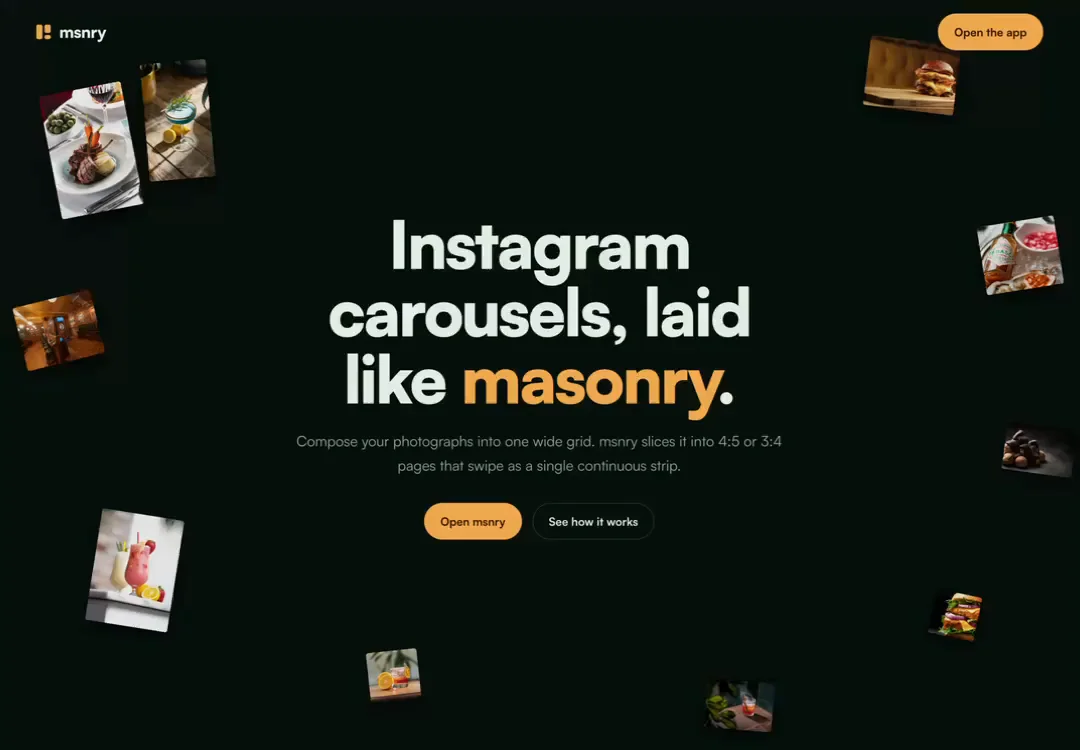 The msnry website: photographs laid out as one seamless Instagram carousel