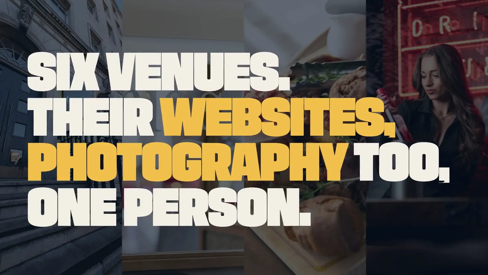 The Mustang Group film: The Grand, Ennio's, Banana Wharf and Grumpy Monkey tagged website and photography, three rebuilt venue sites, Banana Wharf loading on a phone in 4.3 seconds instead of 17, the new group site, rows of venue photographs and the weekly care, ending on Kombu